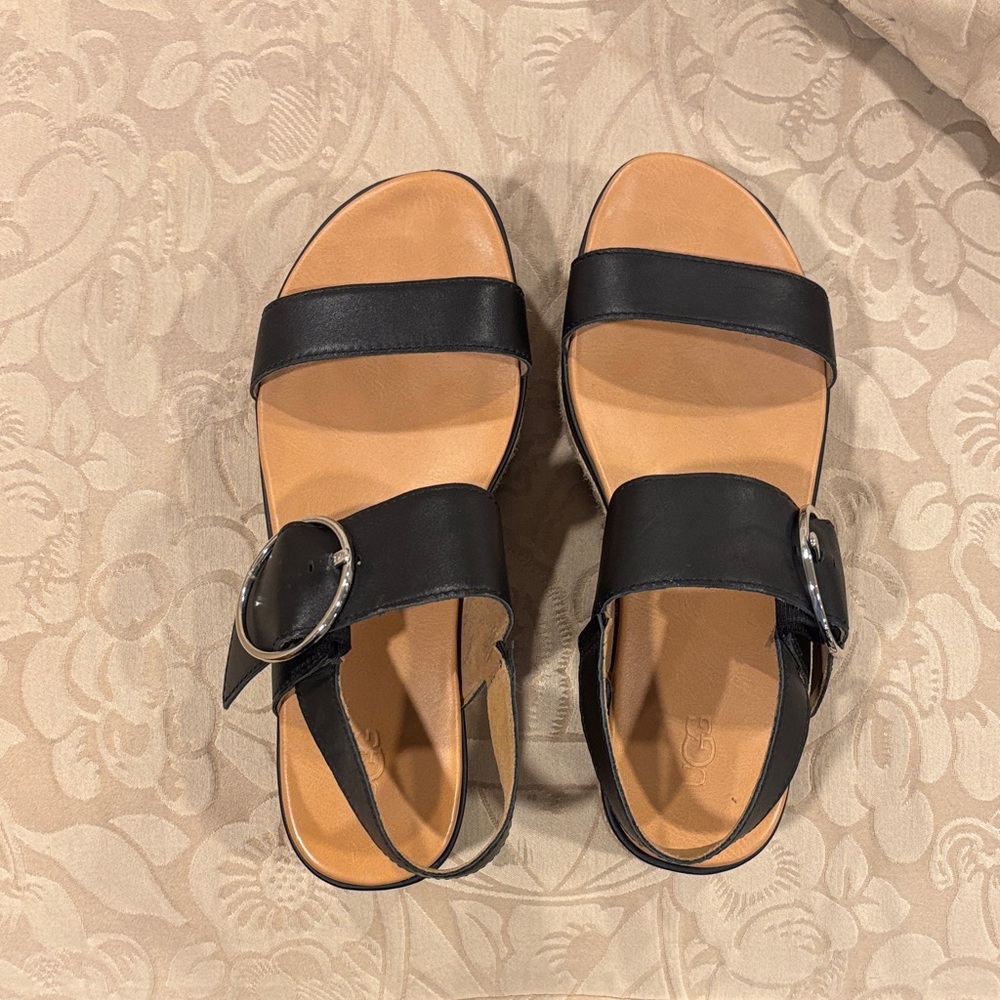 UGG Black Double-Strap Buckle Sandals with Tan Footbed